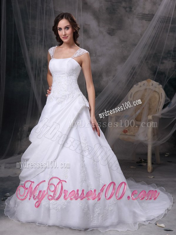 White Square Court Train Elegant Wedding Dresses with Embroidery